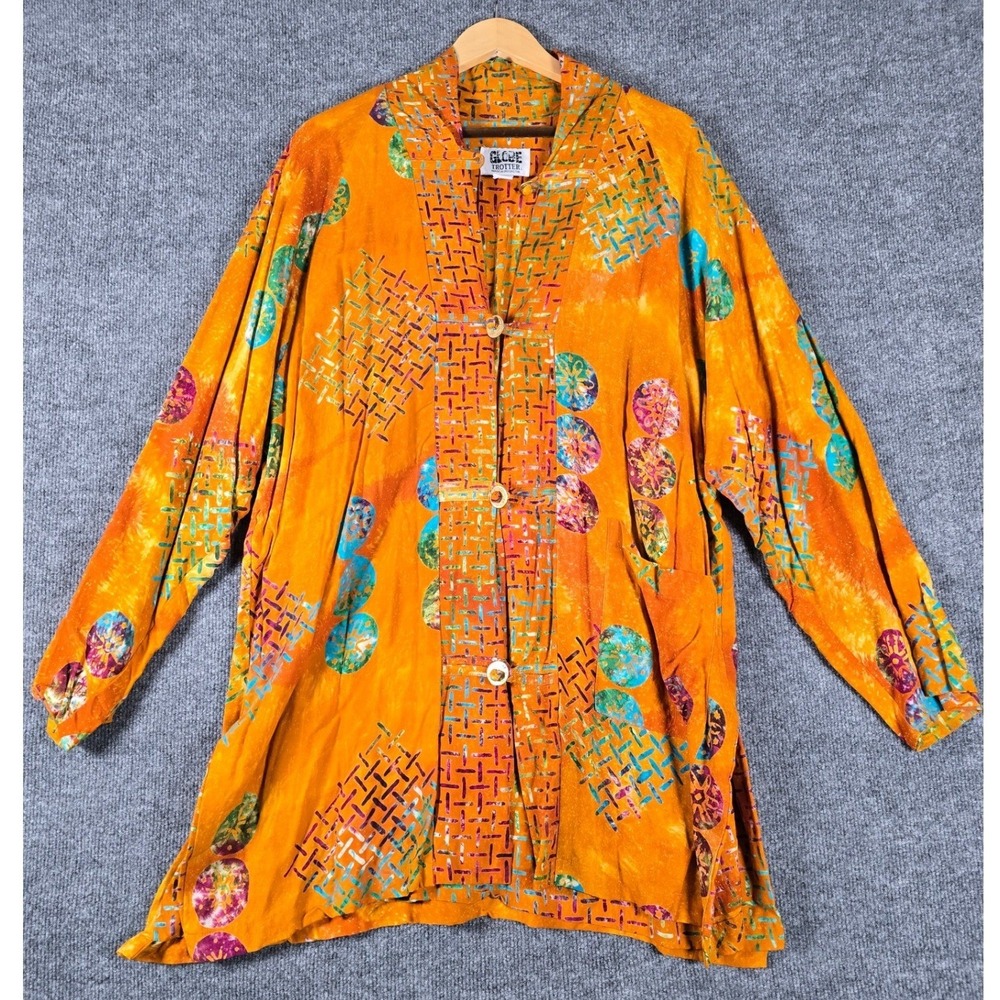 VTG Globe Trotter 100%‎ Rayon Orange Tie Dye  Kimono Jacket Women Hand Made